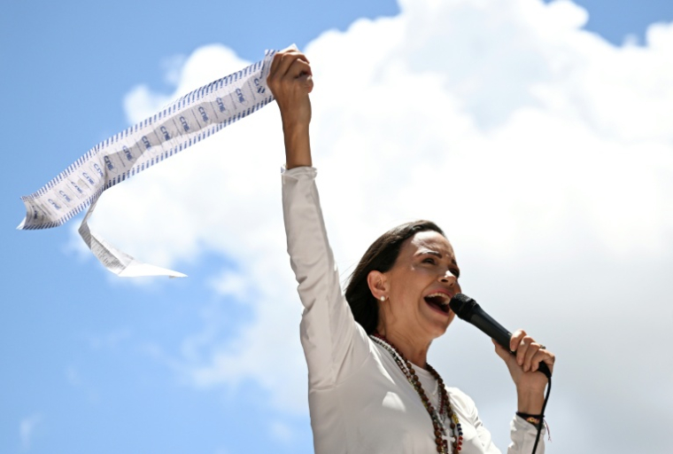 L'opposante vénézuélienne Maria Corina Machado, lors d'une manifestation à Caracas le 28 août 2024 ( AFP / JUAN BARRETO )