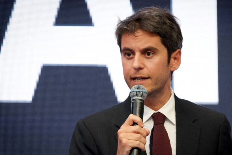 Le patron du parti Renaissance, Gabriel Attal, à Charleroi, en Belgique, le 1er mai 2025 ( BELGA / VIRGINIE LEFOUR )