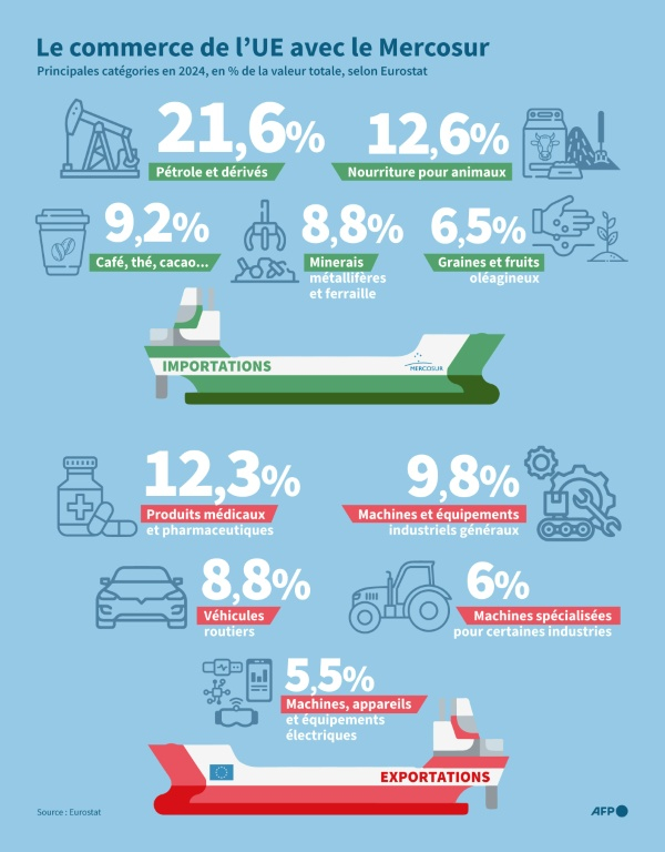 Principaux postes d'importation de l'UE depuis le Mercosur et postes d'exportation de l'UE vers le Mercosur en 2024, selon Eurostat ( AFP / Pablo LOPEZ )