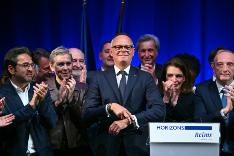 Édouard Philippe devant les cadres d'Horizons réunis au centre des Congrès de Reims, le 10 mai 2026 ( AFP / Martin BUREAU )