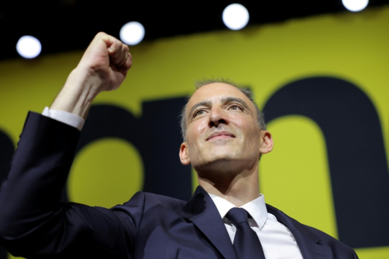 Raphaël Glucksmann, leader du parti Place Publique, lors d'un meeting à Aubervilliers, le 13 juin 2026 en Seine-Saint-Denis ( AFP / Kenzo TRIBOUILLARD )