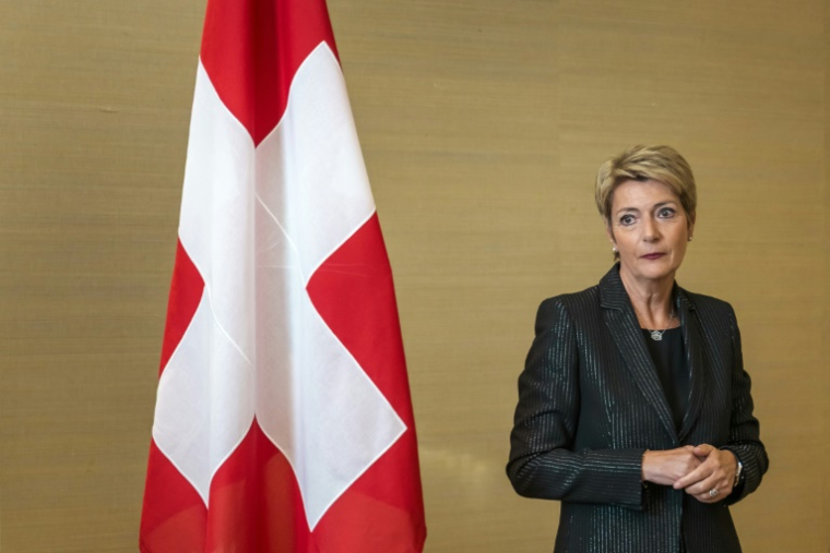 La présidente suisse Karin Keller-Sutter à Genève, le 9 mai 2025 ( AFP / Fabrice COFFRINI )