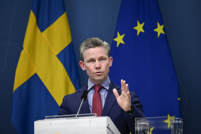 Pål Jonson ministre suédois de la défense, lors d'une conférence sur la candidature de la Suède à l'OTAN à Stokcholm, le 24 janvier 2023. ( TT News Agency / PONTUS LUNDAHL )