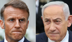 Photomontage du 20 août 2025 montrant le président français Emmanuel Macron et le Premier ministre israélien Benjamin Netanyahu ( POOL / Yves HERMAN )