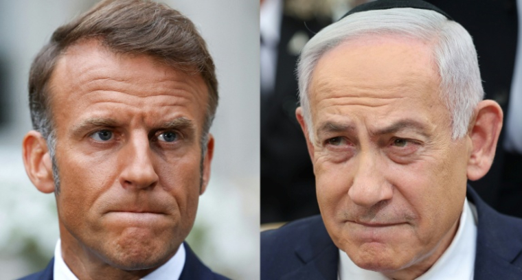 Photomontage du 20 août 2025 montrant le président français Emmanuel Macron et le Premier ministre israélien Benjamin Netanyahu ( POOL / Yves HERMAN )