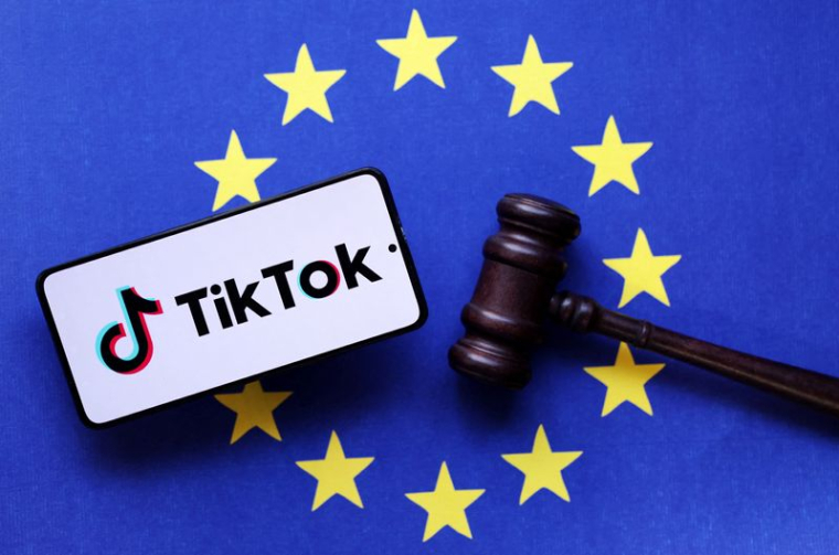 Illustration du logo de TikTok, le drapeau de l'Union européenne et un marteau de juge