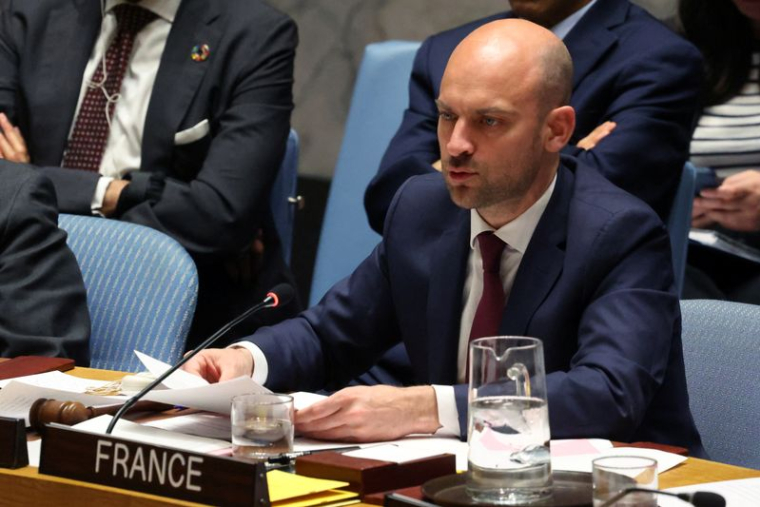 Le ministre français de l'Europe et des Affaires étrangères Jean-Noël Barrot au Conseil de sécurité des Nations Unies au siège de l'ONU à New York
