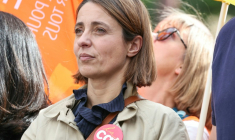 Sophie Binet, la secrétaire générale de la CGT, lors d'une mobilisation nationale lancée à l'appel de l'intersyndicale pour réclamer des mesures de "justice sociale", Paris, le 2 octobre 2025 ( AFP / Thomas SAMSON )