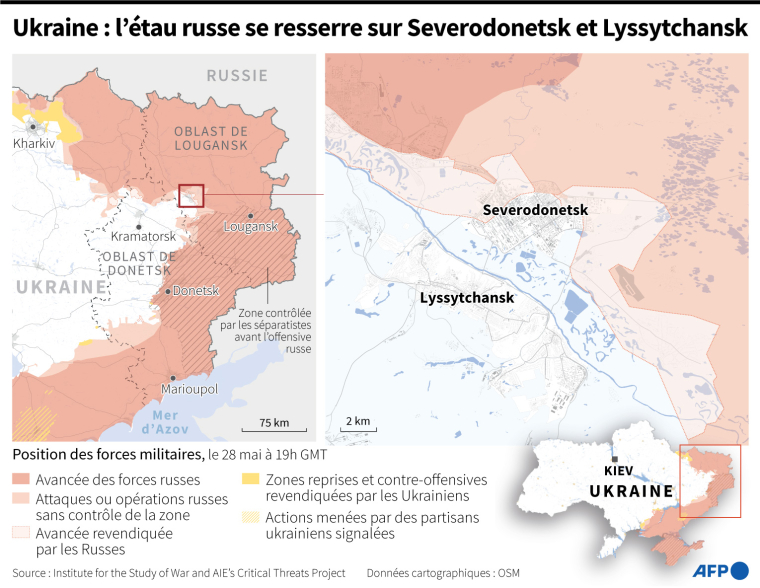 Carte de l'Est de l'Ukraine et zoom sur les localités de Severodonetsk et Lyssytchansk, au 28 mai à 19h GMT ( AFP / )
