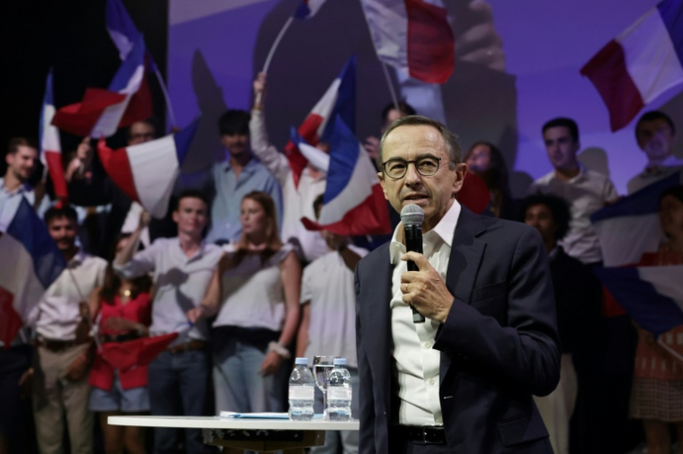 Le ministre de l'Intérieur et président du parti Les Républicains, Bruno Retailleau, lors de son discours de clôture de la rentrée politique des Républicains à Port-Marly, le 7 septembre 2025 dans les Yvelines ( AFP / STEPHANE DE SAKUTIN )