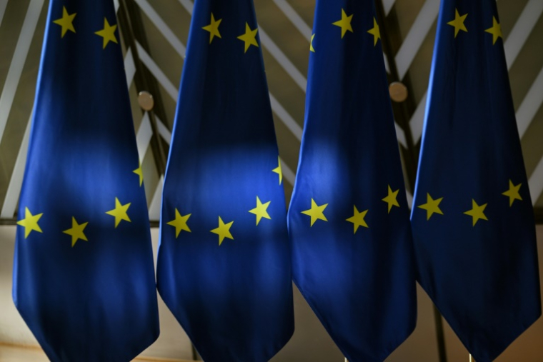 Des drapeaux de l'Union européenne, à Bruxelles, le 13 mai 2025 ( AFP / Nicolas TUCAT )