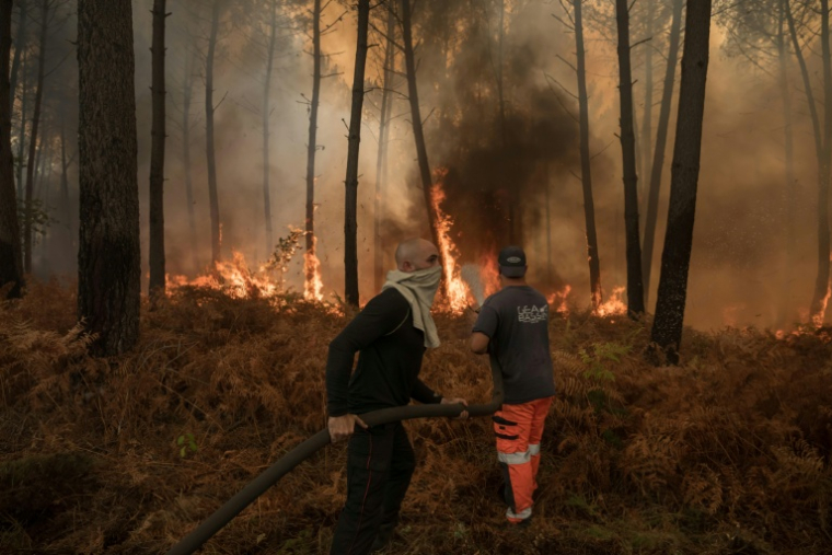 Des bénévoles aident les pompiers à lutter contre un incendie de forêt à Lanton, le 29 juillet 2026 ( AFP / Ed JONES )