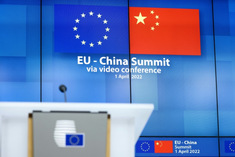 Salle de presse lors d'un sommet virtuel entre dirigeants européens et chinois, le 1er avril 2024 ( AFP / Kenzo TRIBOUILLARD )