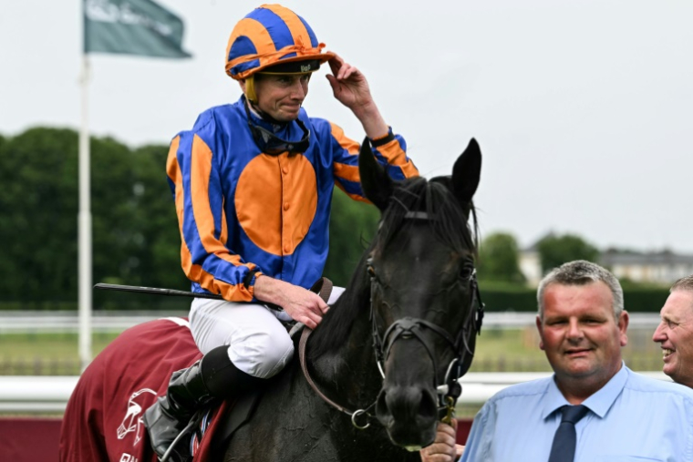 Le jockey britannique Ryan Moore et le pur-sang irlandais Camille Pissarro, après avoir remporté le 185e Prix du Jockey-Club, le 1er juin 2025 à Chantilly, dans l'Oise  ( AFP / Hugo MATHY )