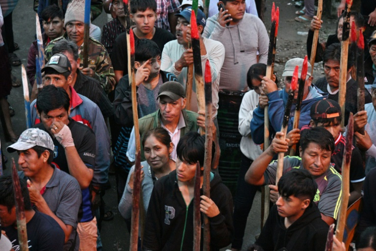 Des partisans de l'ancien président bolivien Evo Morales, des lances en bois à la main, se rassemblent aux portes de Lauca Ene, dans la province du Chapare, en Bolivie, le 27 avril 2025 ( AFP / AIZAR RALDES )
