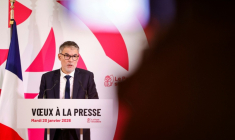 Olivier Faure, premier secrétaire du parti socialiste (PS),  présente ses vœux à la presse, à Paris, le 20 janvier 2026 ( AFP / GEOFFROY VAN DER HASSELT )