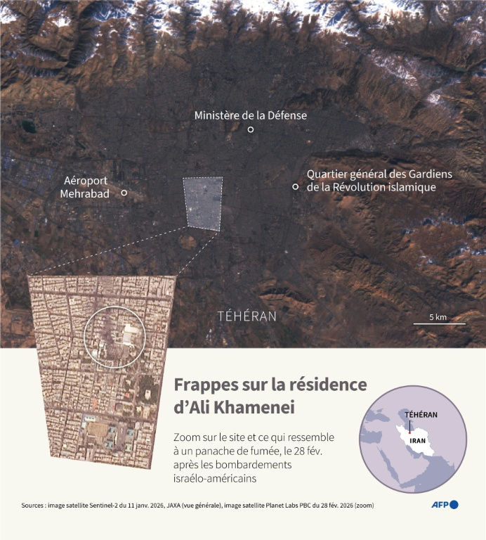 Carte de Téhéran et zoom sur la résidence de l'ayatollah Ali Khamenei, guide suprême de l'Iran tué dans l'opération israélo-américaine du 28 février 2026 ( AFP / Luca MATTEUCCI )