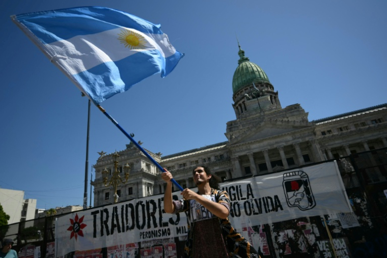 Un manifestant brandit le drapeau national argentin lors d'une manifestation devant le Parlement où est examinée la réforme du travail du président Javier Milei, à Buenos Aires, le 27 février 2026 ( AFP / Luis ROBAYO )