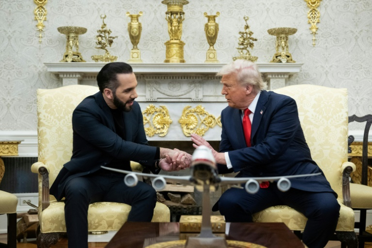Le président américain Donald Trump serre la main du président du Salvador, Nayib Bukele, lors d'une réunion dans le bureau ovale de la Maison Blanche à Washington le 14 avril 2025 ( AFP / Brendan Smialowski )