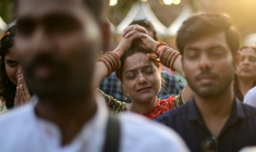 Des fêtards se laissant emporter par des chants spirituels hindous appelés "bhajans" au fort de Purana Qila à New Delhi, le 1er mars 2026 ( AFP / Manan VATSYAYANA )
