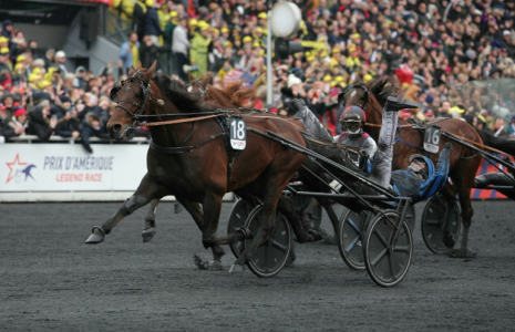 Clément Duvaldestin drive Idao de Tillard lors de sa victoire  dans le Prix d'Amérique à Paris Vincennes, photo du 26 janvier 2025. ( AFP / Thomas SAMSON )