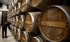 Des fûts de cognac dans la cave d'un producteur à Jarnac-Champagne, le 20 mars 2025 ( AFP / ROMAIN PERROCHEAU )