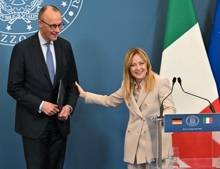 Friedrich Merz et Giorgia Meloni à Rome, en Italie, le 23 janvier 2026. ( AFP / ANDREAS SOLARO )