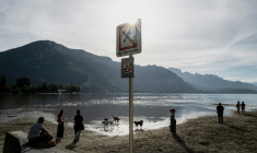 Des promeneurs avec leurs chiens sur les rives du lac d'Annecy, le 24 septembre 2026 ( AFP / Jeff PACHOUD )