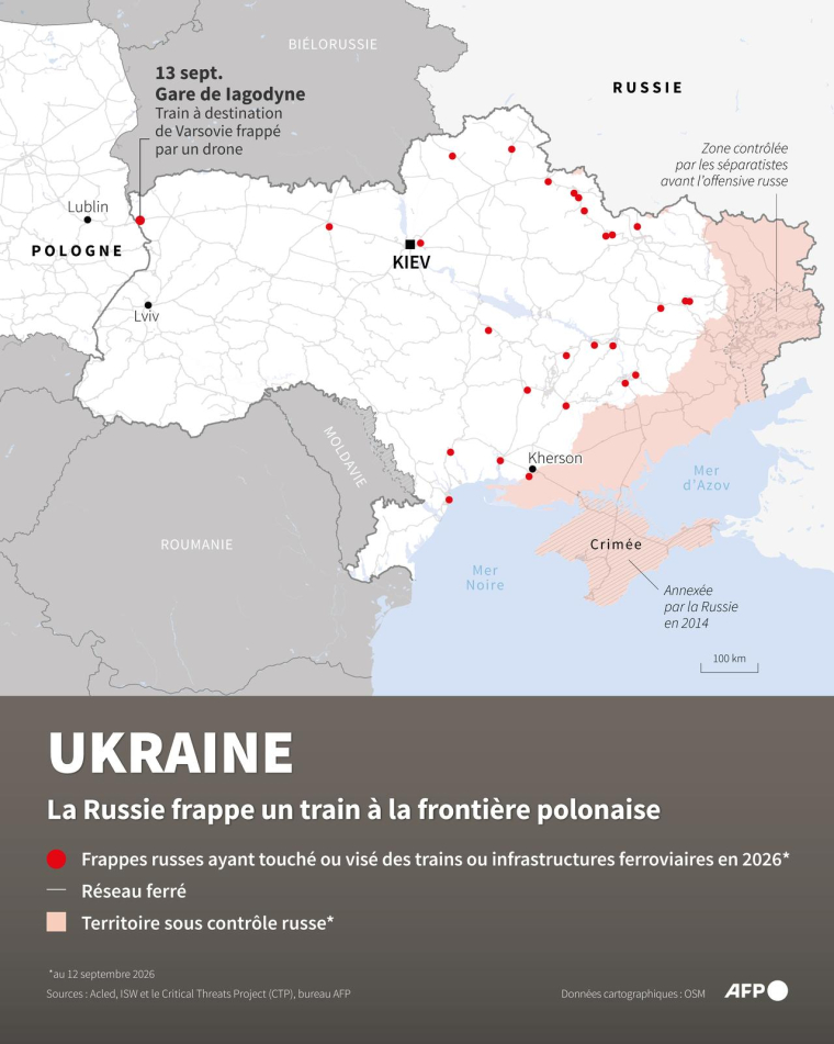 Carte montrant la concentration dans l'est de l'Ukraine des frappes attribuées à la Russie en 2026 contre des infrastructures ferrovaires, selon les données non exhaustives de l'ONG Acled, et l'attaque de drone menée le 13 septembre dans l'ouest du pays, à la frontière avec la Pologne ( AFP / Paz PIZARRO )