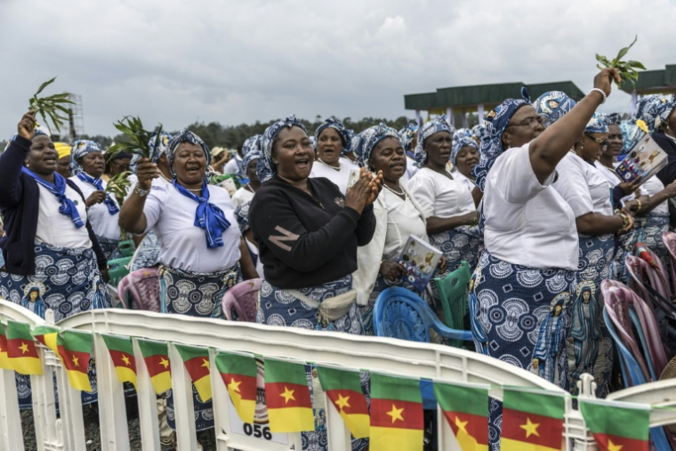 Des fidèles acclament le pape Léon XIV alors qu'il célèbre la messe à l'aéroport de Bamenda, au Cameroun, le 16 avril 2026 ( AFP / PATRICK MEINHARDT )