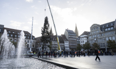 Des ouvriers installent le sapin de Noël sur la place Kléber à Strasbourg le 26 octobre 2026 ( AFP / ROMEO BOETZLE )