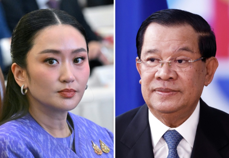 Cette combinaison de photos créée le 27 juin 2025 montre la Première ministre de Thaïlande suspendue Paetongtarn Shinawatra (à gauche)à Hanoï le 16 mai 2025, et l'ex-Premier ministre du Cambodge Hun Sen (à droite) à Bruxelles le 14 décembre 2022 ( AFP / Nhac NGUYEN )