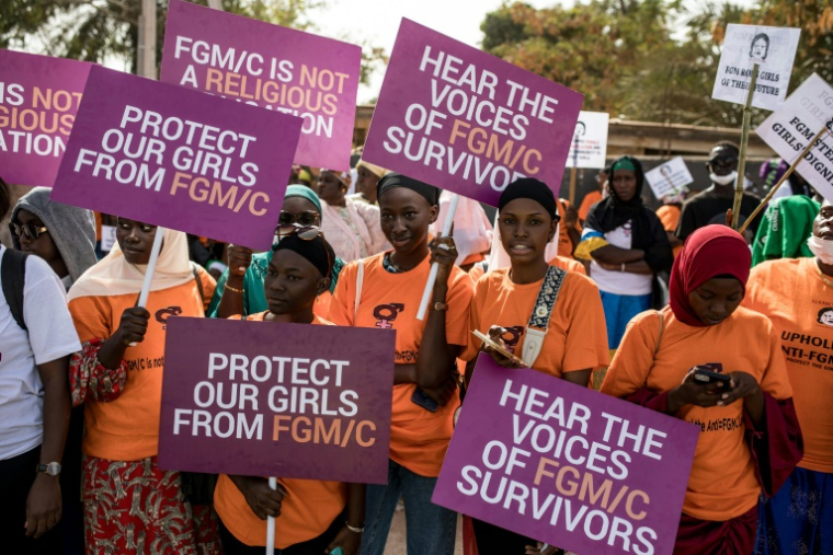 Des manifestants opposés aux mutilations génitales féminines devant l'Assemblée nationale à Banjul, le 18 mars 2024 ( AFP / MUHAMADOU BITTAYE )