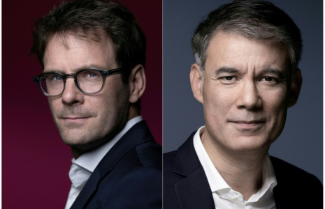 Photos prises le 20 mai 2025 du maire de Rouen Nicolas Mayer-Rossignol (gauche)  à Paris, et le 12 janvier 2023 du premier secrétaire du Parti socialiste (PS) sortant Olivier à Paris ( AFP / JOEL SAGET )