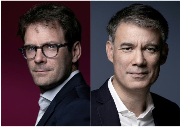 Photos prises le 20 mai 2025 du maire de Rouen Nicolas Mayer-Rossignol (gauche) à Paris, et le 12 janvier 2023 du premier secrétaire du Parti socialiste (PS) sortant Olivier à Paris ( AFP / JOEL SAGET )