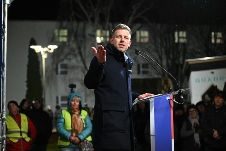 Le chef de l'opposition hongroise et candidat au poste de Premier ministre hongrois, Peter Magyar, s'adresse à ses partisans le 16 février 2026 lors d'un rassemblement de campagne à Mezokovesd (Hongrie) ( AFP / Attila KISBENEDEK )