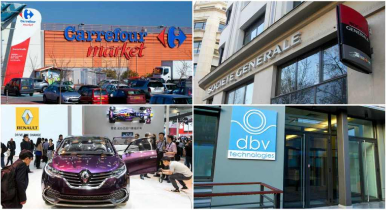 Le Revenu a sélectionné dix valeurs qui présentent les meilleurs potentiels de croissance. (© Carrefour / Société Générale / Renault / DBV Technologies)