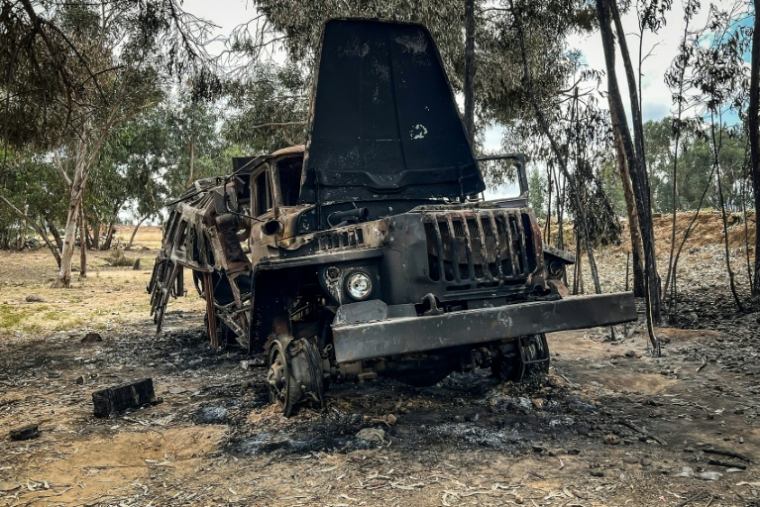 Un camion des rebelles du Front de libération du peuple du Tigré (TPLF) gît calciné le long d'une route près d'Adigrat, ville du Tigré dans le nord de l'Éthiopie, le 17 octobre 2026  ( AFP / - )