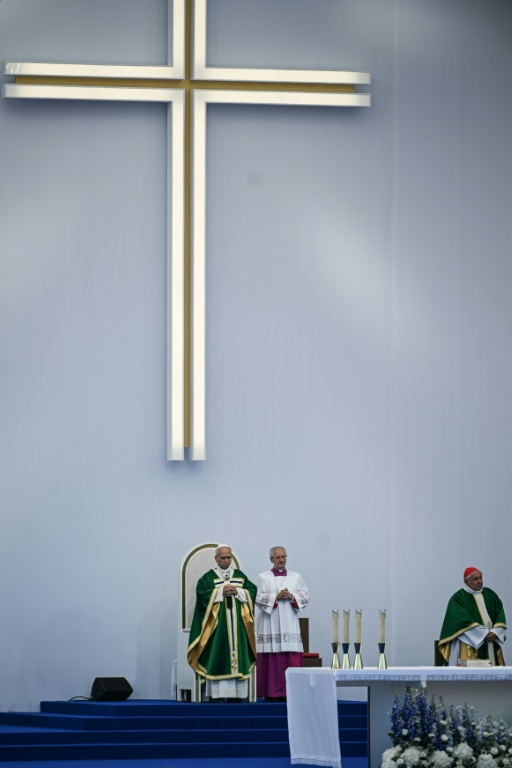Le pape Léon XIV célèbre la messe dominicale à la Prairie du sanctuaire de Lourdes, le 27 septembre 2026  ( AFP / Lionel BONAVENTURE )