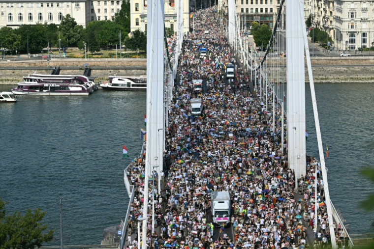 Vue aérienne des participants à la marche des fiertés, sur le pont Elisabeth à Budapest, le 27 juin 2026 en Hongrie ( AFP / Attila KISBENEDEK )