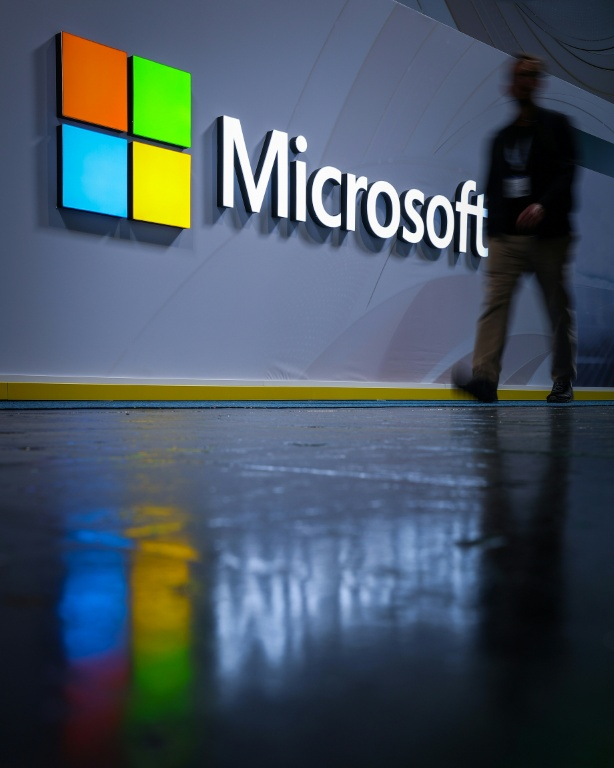 Logo Microsoft au Salon de Hanovre, dans le nord de l'Allemagne, le 31 mars 2025. ( AFP / RONNY HARTMANN )