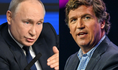 Vladimir Poutine à Moscou, le 31 janvier 2024 et Tucker Carlon à West Palm Beach, aux États-Unis, le 15 juillet 2023. ( AFP / NATALIA KOLESNIKOVA )