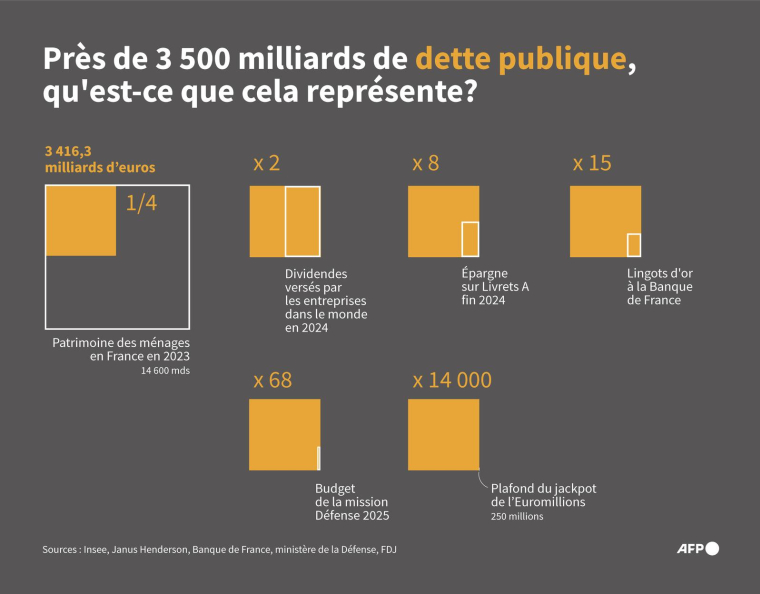 Infographie comparant la dette publique française à divers critères, comme le patrimoine des ménages, le stock de lingots d'or à la Banque de France, etc. ( AFP / Valentina BRESCHI )