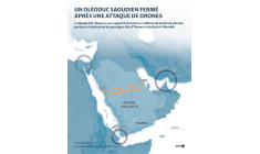 Carte montrant le tracé de l’oléoduc est-ouest de l’Arabie saoudite, qui pouvait transporter jusqu’à 7 millions de barils de pétrole par jour et contourner les points de passage stratégiques de Bab el-Mandab et du détroit d’Ormuz, avant d’être fermé à la suite d’une attaque de drones ( AFP / Sherine ELSAYARY )