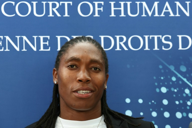L'athlète sud-africaine Caster Semenya parle aux journalistes après une audience devant la Cour européenne des droits de l'homme, le 15 mai 2024 à Strasbourg ( AFP / Frederick FLORIN )
