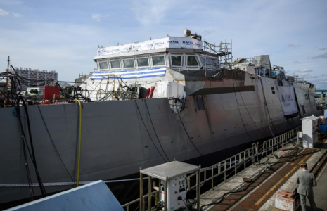 Kimon, l'une des quatre frégates construites par Naval group pour la Grèce à Lorient, dans l'ouest de la France, le 4 octobre 2023 ( AFP / LOIC VENANCE )