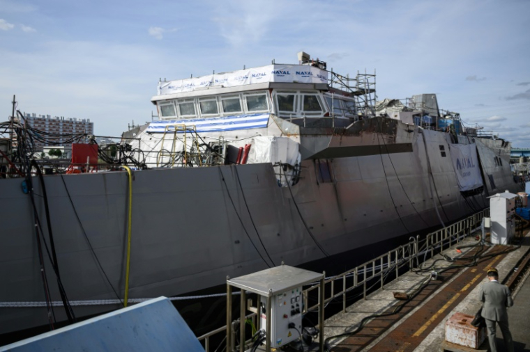 Kimon, l'une des quatre frégates construites par Naval group pour la Grèce à Lorient, dans l'ouest de la France, le 4 octobre 2023 ( AFP / LOIC VENANCE )