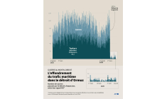 Evolution du nombre de navires, notamment des tankers (pétroliers, méthaniers, etc.) passant par le détroit d'Ormuz chaque jour et ayant émis un signal via leur transpondeur, selon les données de Portwatch (FMI) ( AFP / Paz PIZARRO )