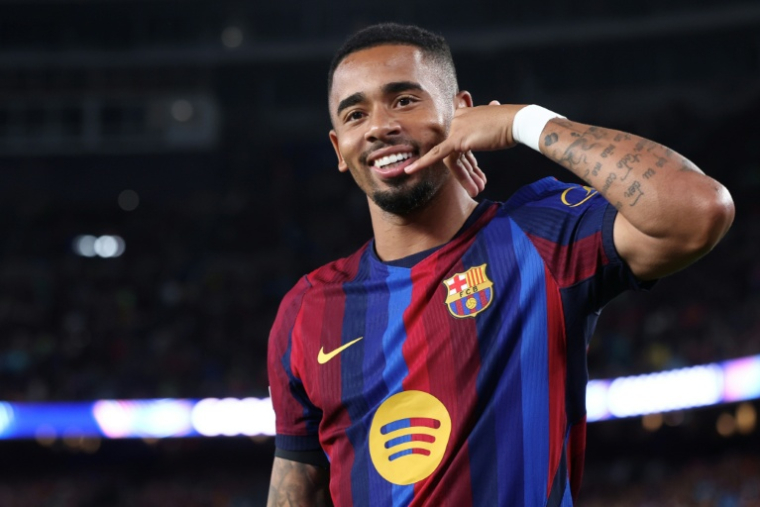 La recrue barcelonaise Gabriel Jesus fête son but contre Feyenoord, en Ligue des champions, le 9 septembre 2026 au Camp Nou ( AFP / Josep LAGO )