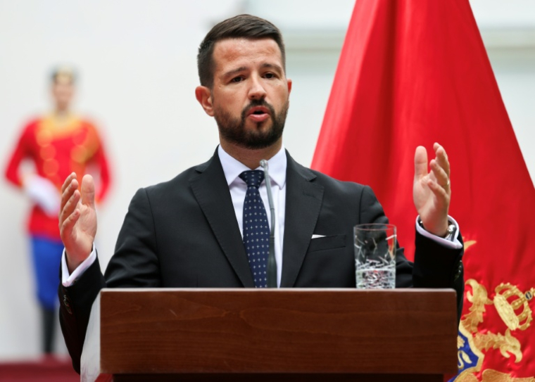 Le président du Monténégro, Jakov Milatović, lors d'une conférence de presse avec le président français Emmanuel Macron au Palais Bleu, la résidence présidentielle à Cetinje, le 4 juin 2026 ( AFP / Ludovic MARIN )